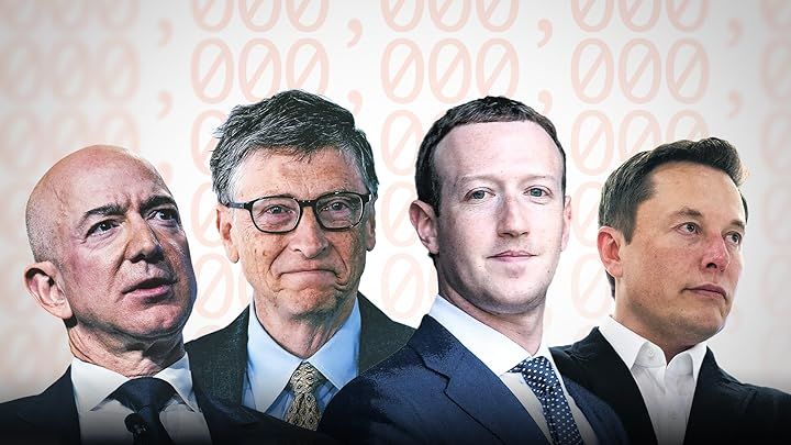 Tech billionaires Jeff Bezos, Bill Gates, Mark Zuckerberg, and Elon Musk
