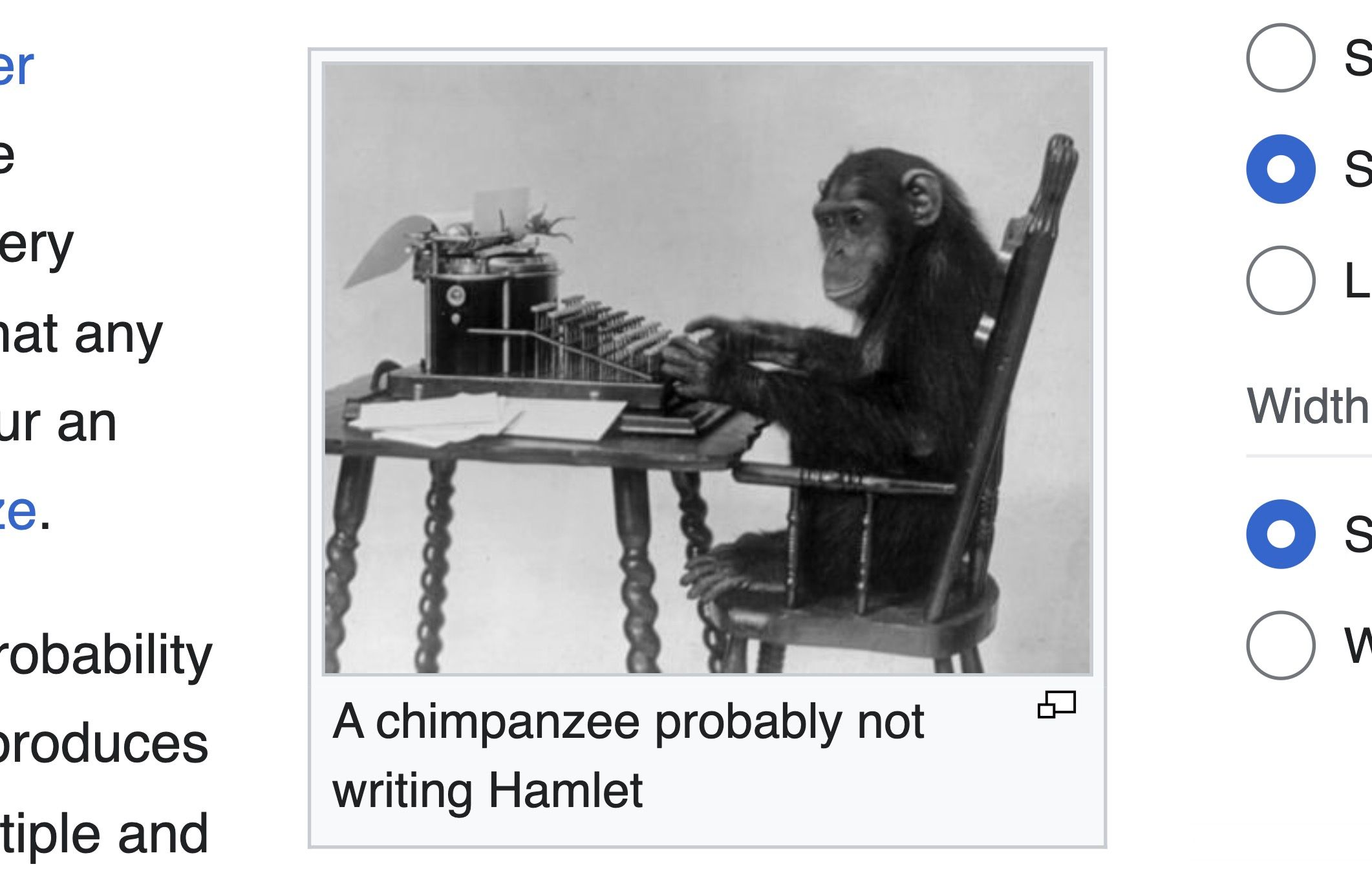 Wikepedia has a photo of a chimpanzee at a typewriter, with a caption to clarify it is probably not writing Hamlet
