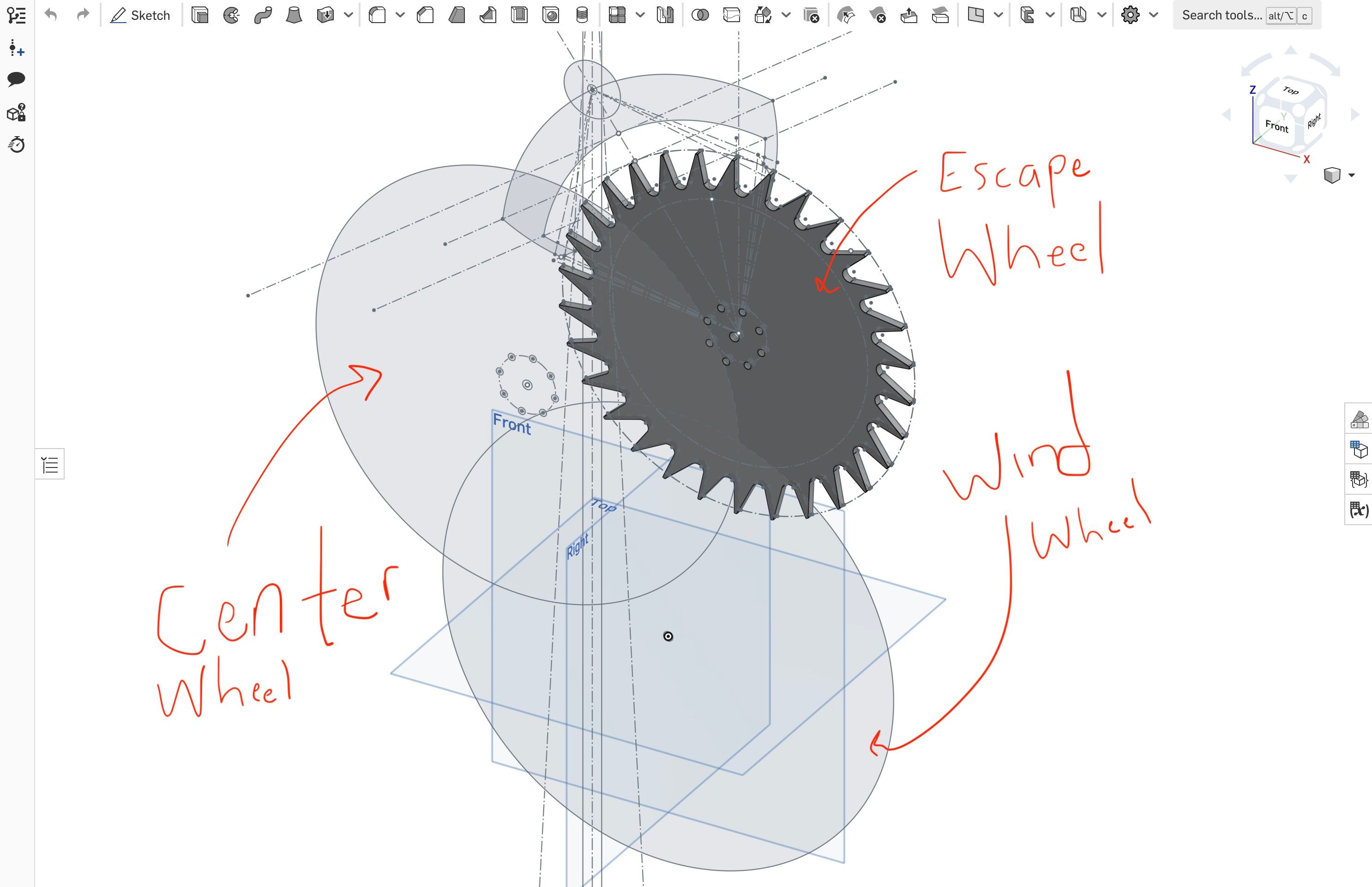 A cad drawing with labeled clock parts, a wind wheel, center wheel, and escape wheel
